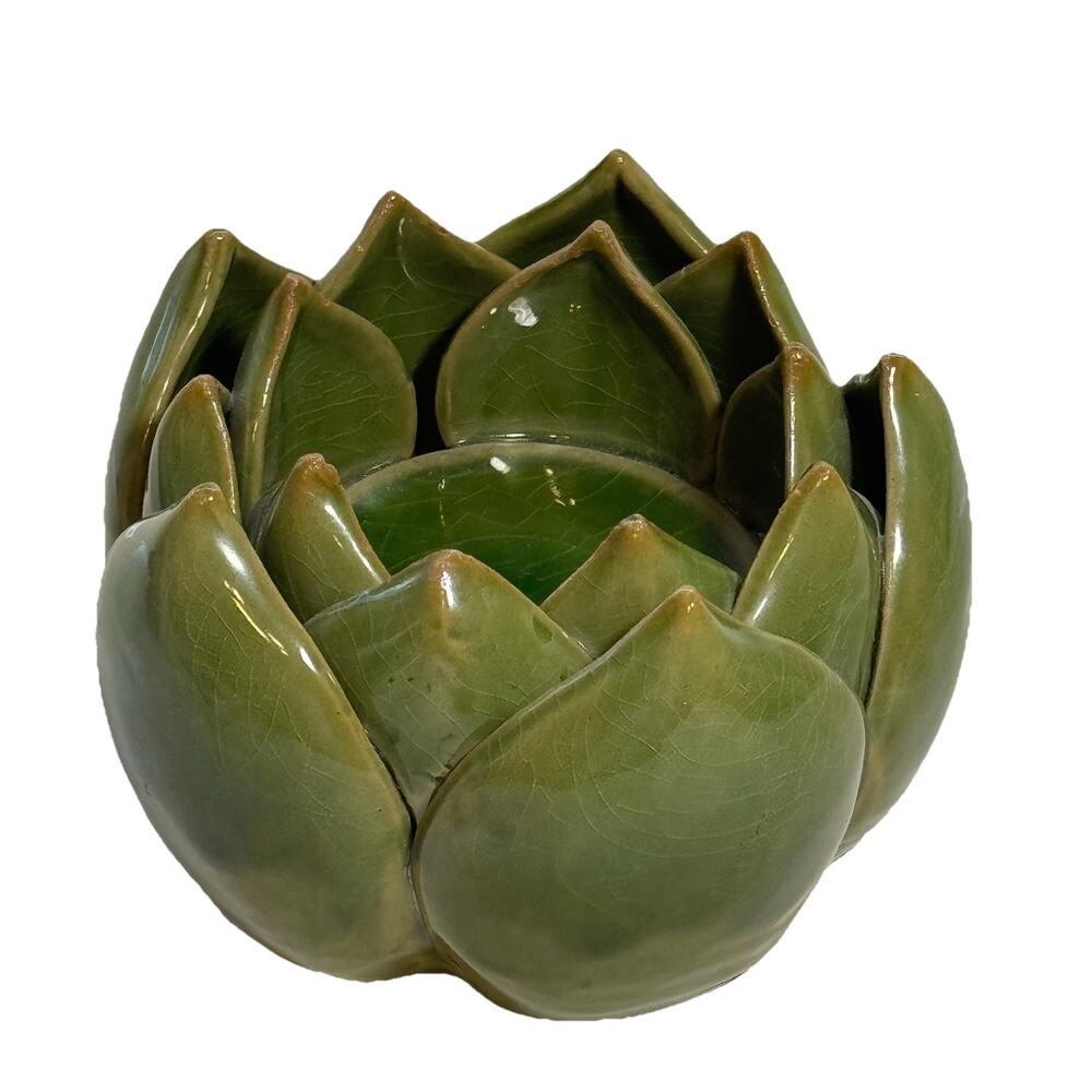 Vintage Arhaus Art Pottery Green Lotus Artichoke Centerpiece Candle Holder Decor